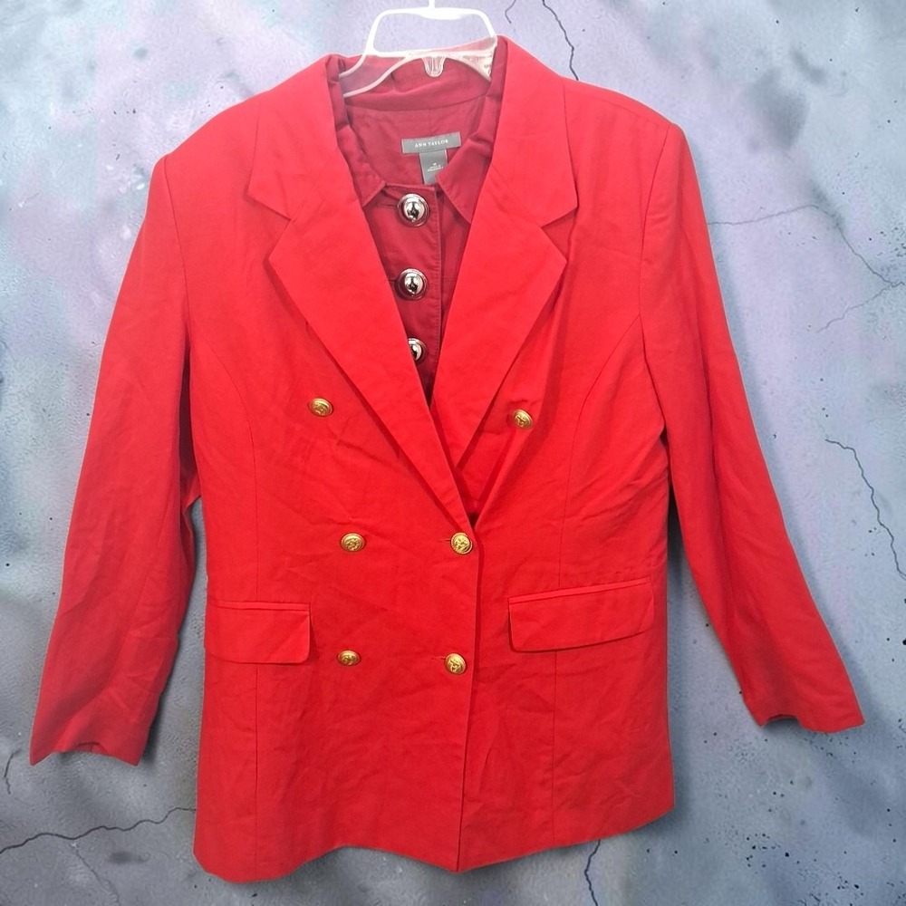 VTG 90s Hook Ann Taylor Red Linen Blazer Jacket Lot 12 M Double Breasted Coat